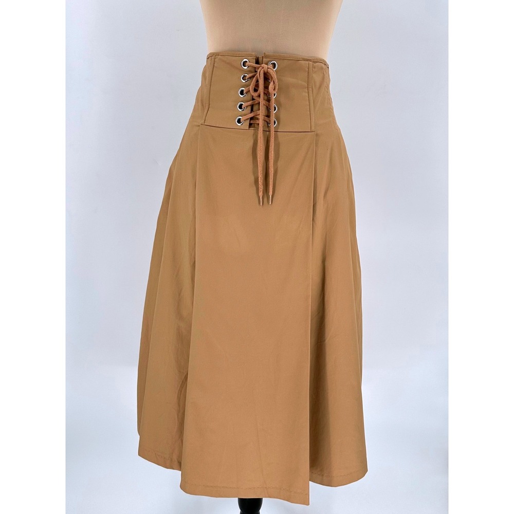 H&M Camel Tan Cotton Lace Up Corset High Waist Midi A-Line Skirt Size 12 0558675